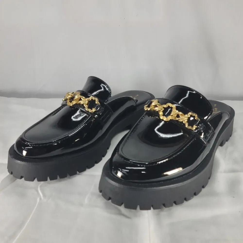 Sam & Libby Womens Chain Loafers Size 9 Black Patent Lug Sole Slip On Shoes